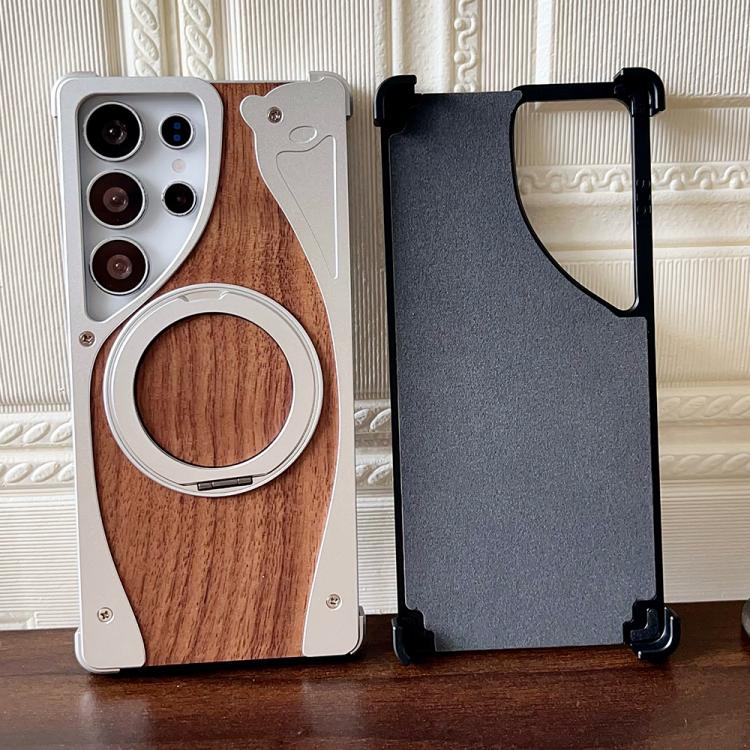 For Samsung Galaxy S23 Ultra 5G Walnut Metal Frameless 360 Degree Rotation Holder MagSafe Phone Case(Black) - free shipping - PMC TechLife - Order now!