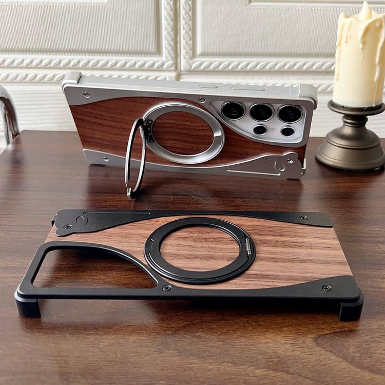 For Samsung Galaxy S23 Ultra 5G Walnut Metal Frameless 360 Degree Rotation Holder MagSafe Phone Case(Black) - free shipping - PMC TechLife - Order now!