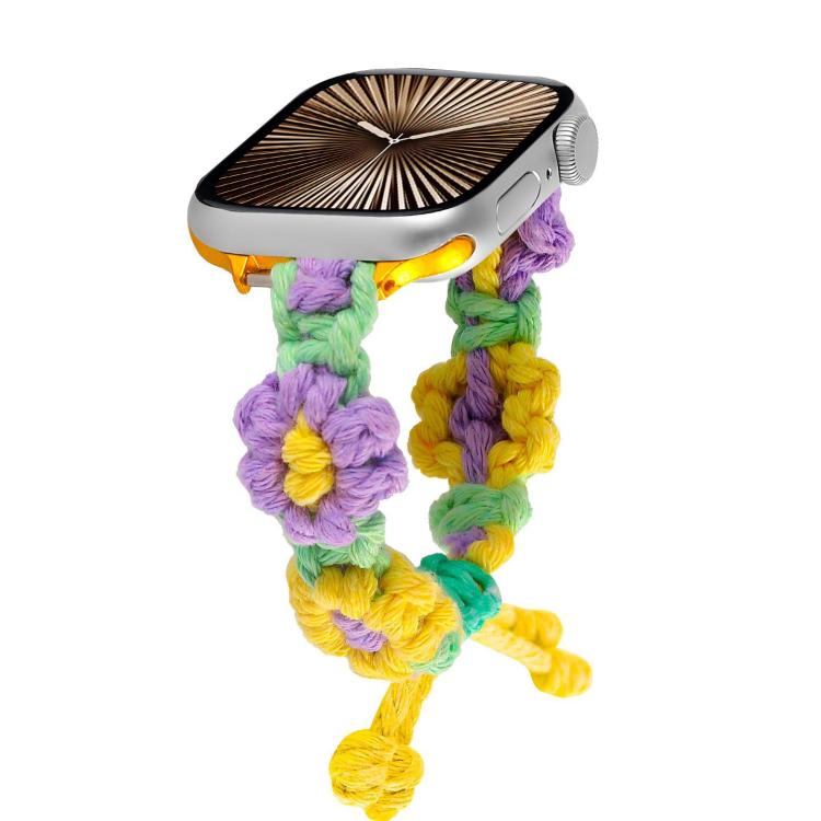 For Apple Watch 46mm / 49mm / 45mm / 44mm Hemp Rope Woven Flowers Drawstring Watch Band(Purple Yellow) - free shipping - PMC TechLife - Order now!