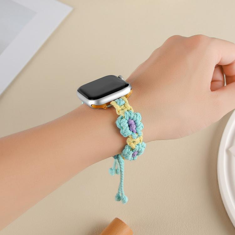 For Apple Watch 42mm / 41mm / 40mm / 38mm Hemp Rope Woven Flowers Drawstring Watch Band(Teal Green) - free shipping - PMC TechLife - Order now!