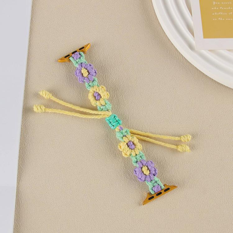 For Apple Watch 42mm / 41mm / 40mm / 38mm Hemp Rope Woven Flowers Drawstring Watch Band(Purple Yellow) - free shipping - PMC TechLife - Order now!