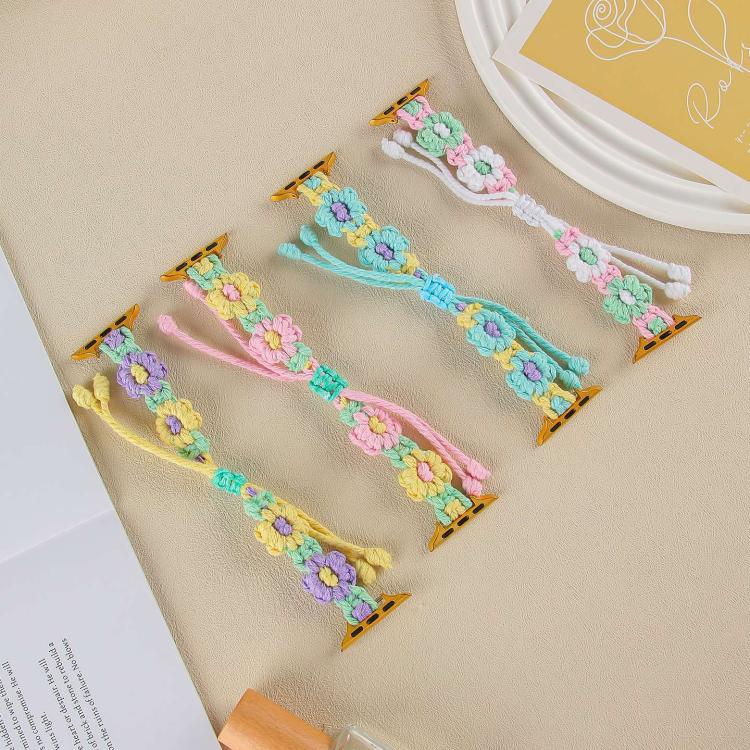 For Apple Watch 42mm / 41mm / 40mm / 38mm Hemp Rope Woven Flowers Drawstring Watch Band(Purple Yellow) - free shipping - PMC TechLife - Order now!