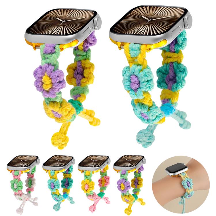 For Apple Watch 42mm / 41mm / 40mm / 38mm Hemp Rope Woven Flowers Drawstring Watch Band(Purple Yellow) - free shipping - PMC TechLife - Order now!