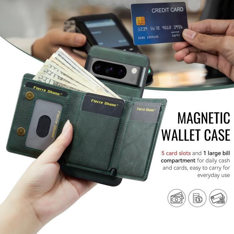 For Google Pixel 7 Pro Fierre Shann 2 in 1 Holder RFID Card Slot Wallet MagSafe Phone Case(Green) - free shipping - PMC TechLife - Order now!