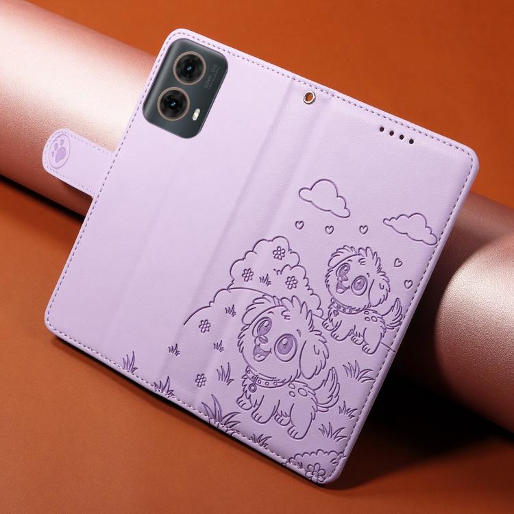 For Motorola Edge 50 Fusion 5G Embossed Heart Dog RFID Blocking Wallet Leather Phone Case(Purple) - free shipping - PMC TechLife - Order now!