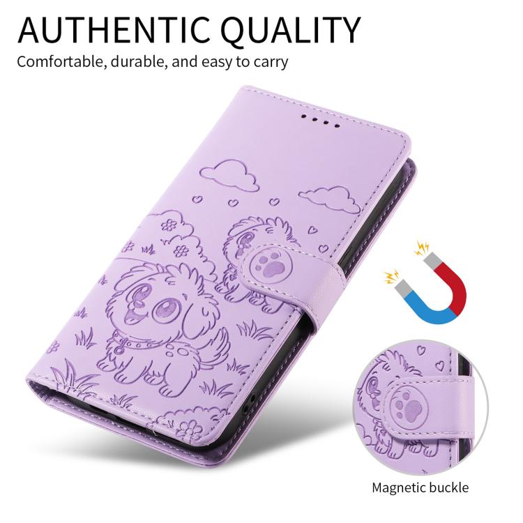 For Motorola Moto G35 5G Embossed Heart Dog RFID Blocking Wallet Leather Phone Case(Purple) - free shipping - PMC TechLife - Order now!