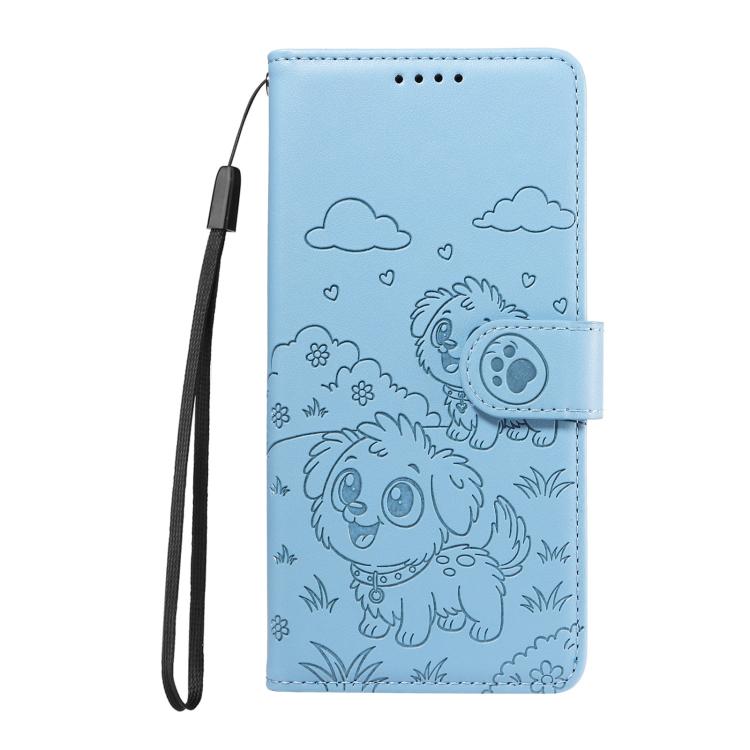 For Motorola Moto G35 5G Embossed Heart Dog RFID Blocking Wallet Leather Phone Case(Sky Blue) - free shipping - PMC TechLife - Order now!