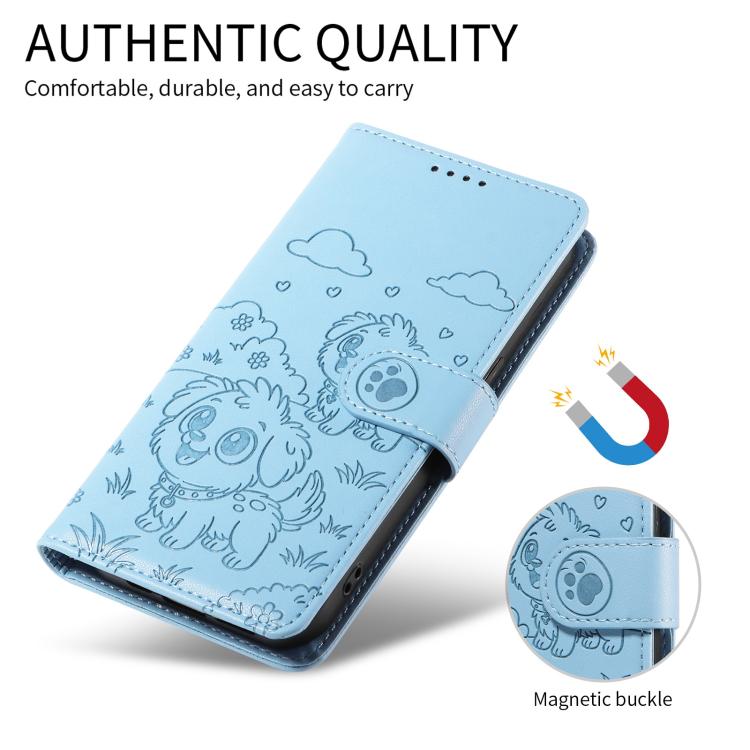 For Motorola Moto G35 5G Embossed Heart Dog RFID Blocking Wallet Leather Phone Case(Sky Blue) - free shipping - PMC TechLife - Order now!