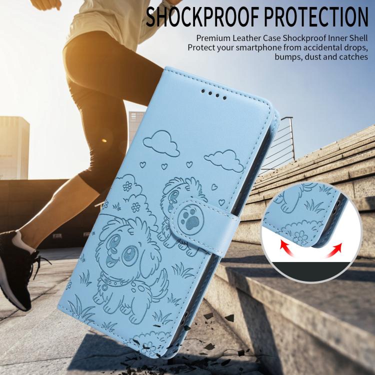 For Motorola Moto G35 5G Embossed Heart Dog RFID Blocking Wallet Leather Phone Case(Sky Blue) - free shipping - PMC TechLife - Order now!