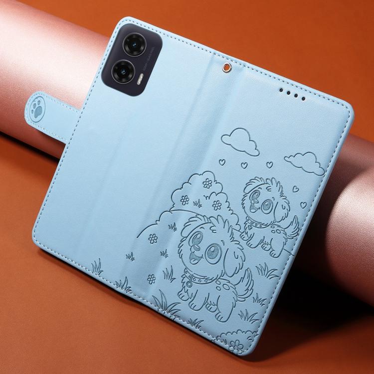 For Motorola Moto G35 5G Embossed Heart Dog RFID Blocking Wallet Leather Phone Case(Sky Blue) - free shipping - PMC TechLife - Order now!