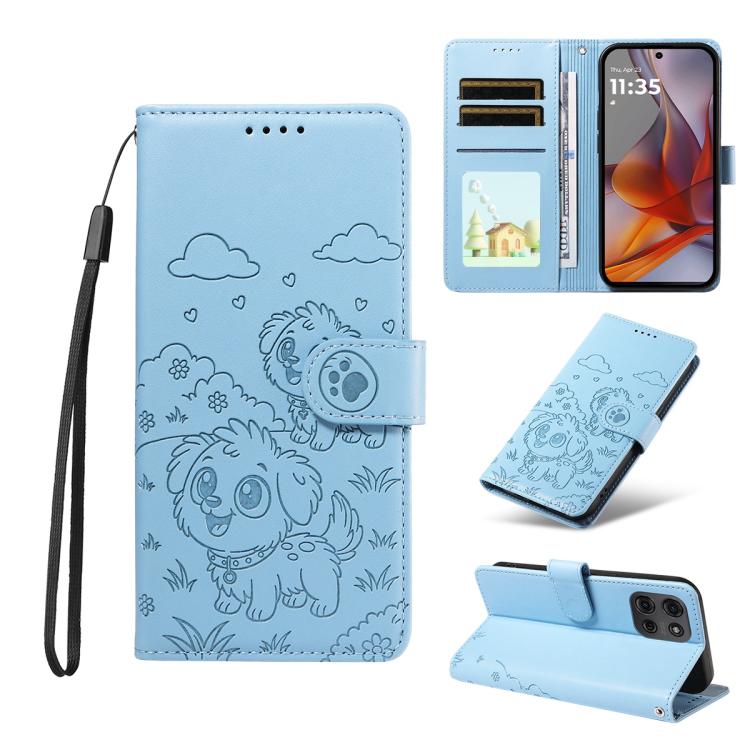 For Motorola Moto G75 5G Embossed Heart Dog RFID Blocking Wallet Leather Phone Case(Sky Blue) - free shipping - PMC TechLife - Order now!