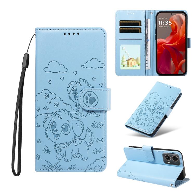 For Motorola Moto G85 5G Embossed Heart Dog RFID Blocking Wallet Leather Phone Case(Sky Blue) - free shipping - PMC TechLife - Order now!