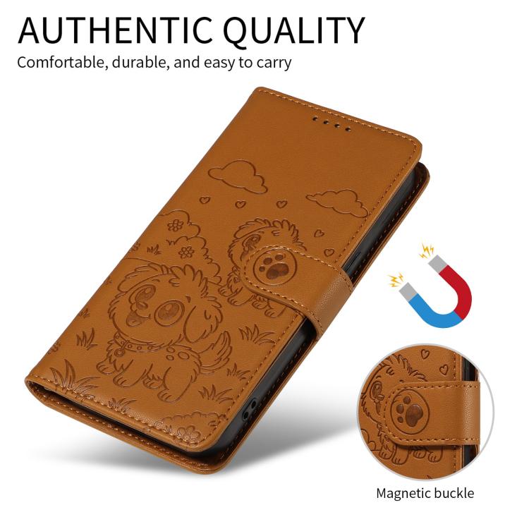 For Motorola Moto G85 5G Embossed Heart Dog RFID Blocking Wallet Leather Phone Case(Brown) - free shipping - PMC TechLife - Order now!