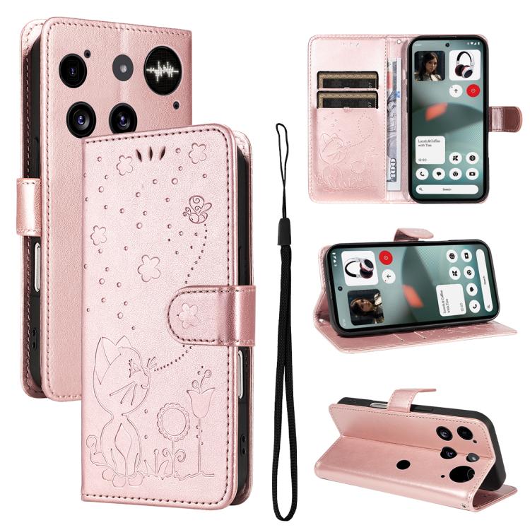 For Nothing Phone 3 Cat and Bee Embossed Flip Leather Phone Case(Rose Gold) - free shipping - PMC TechLife - Order now!