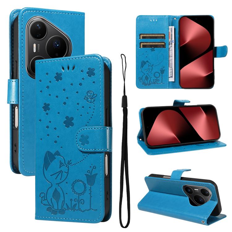 For Huawei Pura 80 Pro 5G Cat and Bee Embossed Flip Leather Phone Case(Blue) - free shipping - PMC TechLife - Order now!