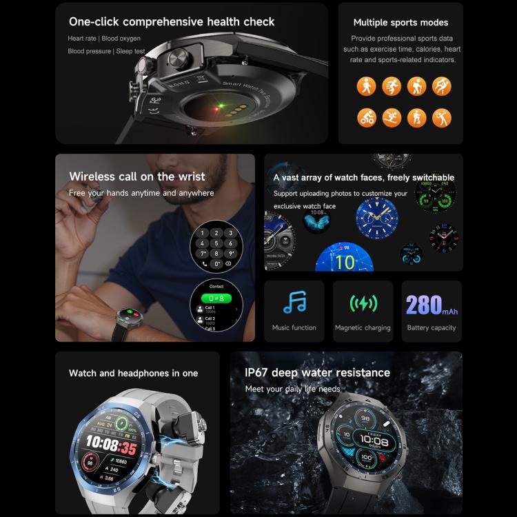 F38 Dual-ear Bluetooth Earphone Smart Watch IP67 Supports Heart Rate Monitoring, Watchband:Steel(Silver) - free shipping - PMC TechLife - Order now!