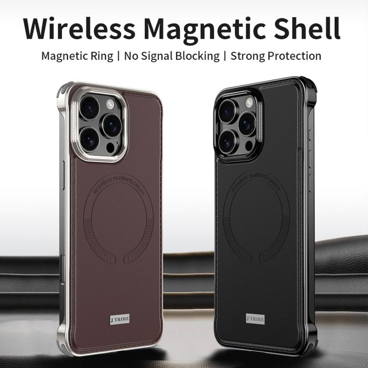 For iPhone 15 J TRIBE Metal Frameless Plain Leather MagSafe Phone Case(Brown) - free shipping - PMC TechLife - Order now!