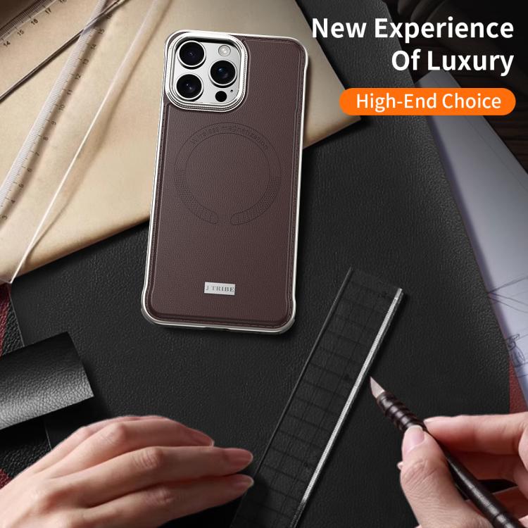 For iPhone 16 Pro Max J TRIBE Metal Frameless Plain Leather MagSafe Phone Case(Brown) - free shipping - PMC TechLife - Order now!