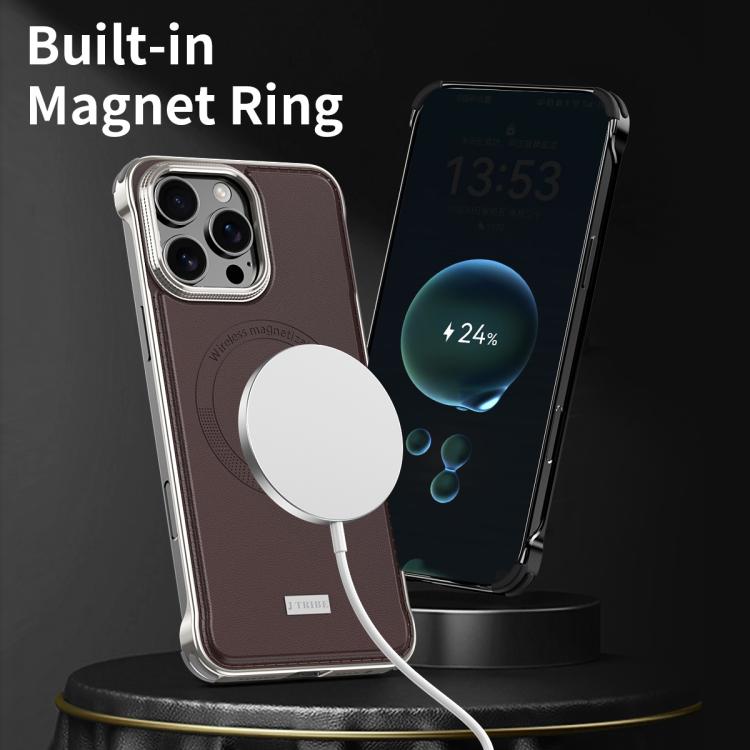 For iPhone 15 J TRIBE Metal Frameless Plain Leather MagSafe Phone Case(Brown) - free shipping - PMC TechLife - Order now!