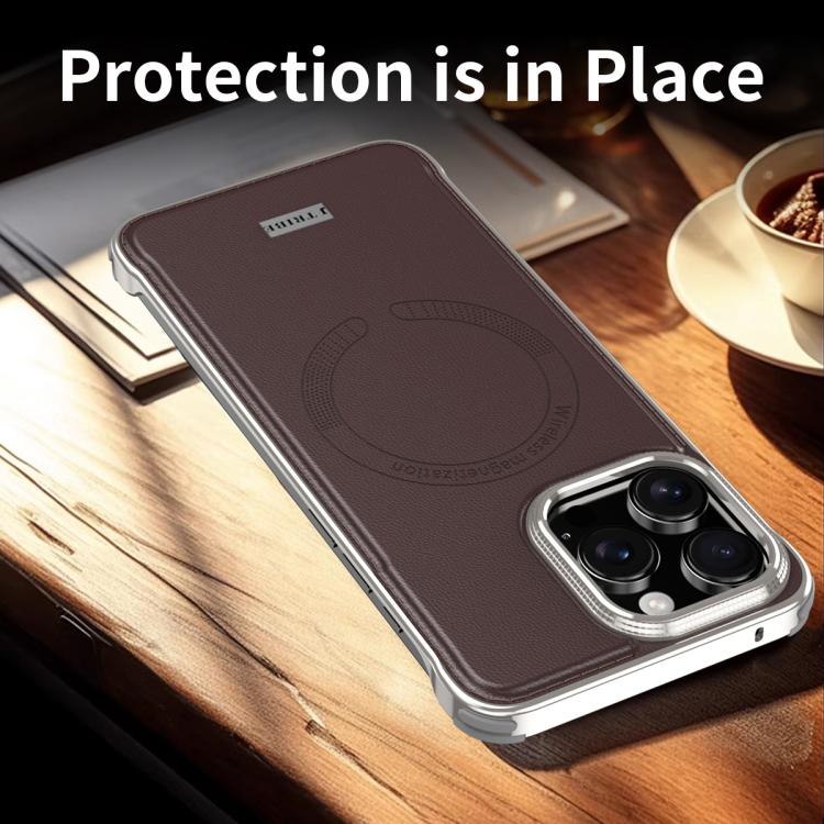 For iPhone 16 Pro Max J TRIBE Metal Frameless Plain Leather MagSafe Phone Case(Brown) - free shipping - PMC TechLife - Order now!