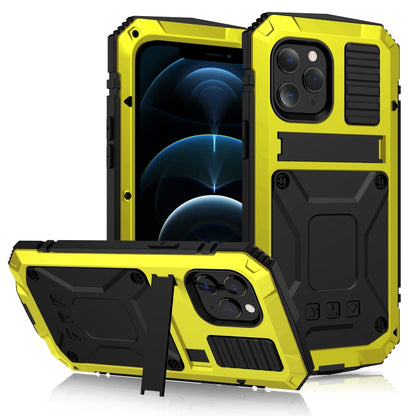 For iPhone 12 Pro Max R-JUST Shockproof Waterproof Dust-proof Metal + Silicone Protective Case with Holder(Yellow) - iPhone 12 Pro Max Cases by R-JUST | Online Shopping South Africa | PMC Jewellery