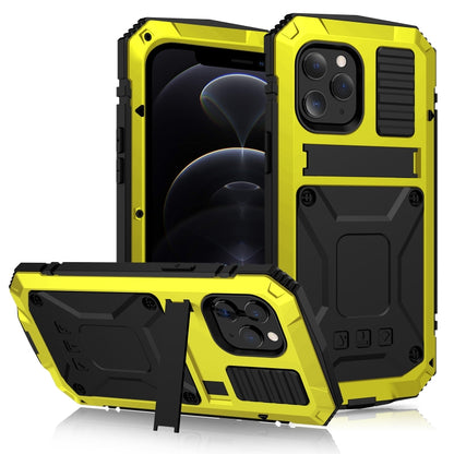 For iPhone 12 / 12 Pro R-JUST Shockproof Waterproof Dust-proof Metal + Silicone Protective Case with Holder(Yellow) - iPhone 12 / 12 Pro Cases by R-JUST | Online Shopping South Africa | PMC Jewellery