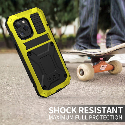 For iPhone 12 / 12 Pro R-JUST Shockproof Waterproof Dust-proof Metal + Silicone Protective Case with Holder(Yellow) - iPhone 12 / 12 Pro Cases by R-JUST | Online Shopping South Africa | PMC Jewellery