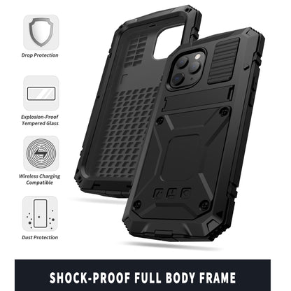 For iPhone 12 mini R-JUST Shockproof Waterproof Dust-proof Metal + Silicone Protective Case with Holder (Black) - iPhone 12 mini Cases by R-JUST | Online Shopping South Africa | PMC Jewellery