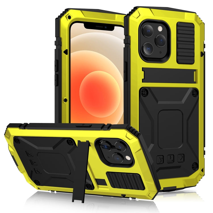 For iPhone 12 mini R-JUST Shockproof Waterproof Dust-proof Metal + Silicone Protective Case with Holder (Yellow) - iPhone 12 mini Cases by R-JUST | Online Shopping South Africa | PMC Jewellery