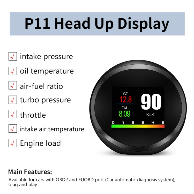 P11 OBD2 + GPS Mode Car HUD Head-up Display Water Temperature / Vehicle Speed / Voltage / Fuel Consumption Display, Speed Alarm - Head Up Display System by PMC TechLife | Online Shopping South Africa | PMC TechLife | Buy Now Pay Later Mobicred