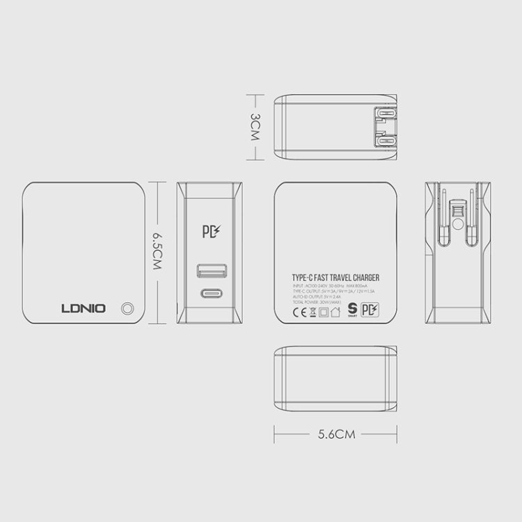 LDNIO A4403C 30W PD + Auto-id Foldable Fast Travel Charger with 1m 8 Pin Cable, EU Plug - USB Charger by LDNIO | Online Shopping South Africa | PMC Jewellery | Buy Now Pay Later Mobicred