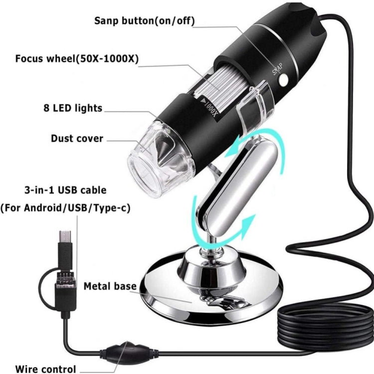 1600X Magnifier HD Image Sensor 3 in 1 USB Digital Microscope with 8 LED & Professional Stand (Grey) - Digital Microscope by PMC Jewellery | Online Shopping South Africa | PMC Jewellery | Buy Now Pay Later Mobicred