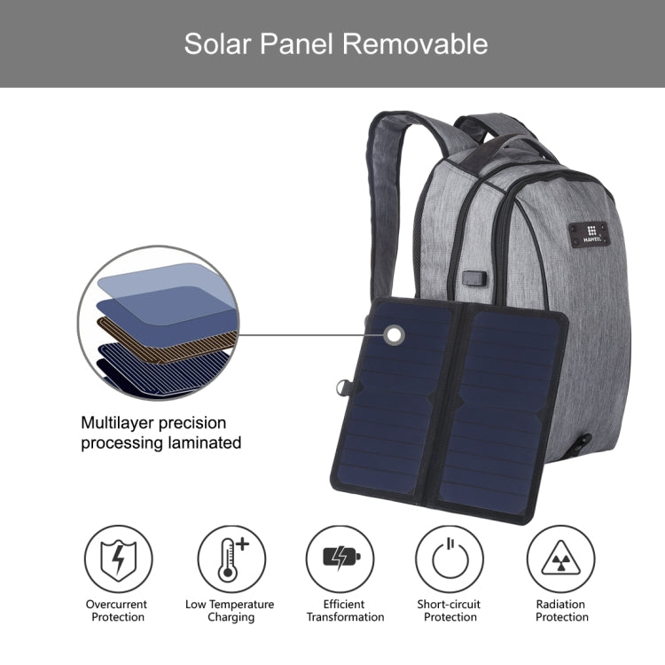 HAWEEL 14W Foldable Removable Solar Power Outdoor Portable Canvas Dual Shoulders Laptop Backpack, USB Output: 5V 2.1A Max(Grey) - Backpack by HAWEEL | Online Shopping South Africa | PMC Jewellery | Buy Now Pay Later Mobicred