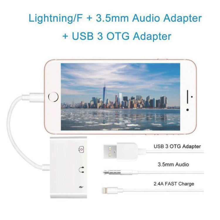 3 in 1 Multi-function 8 Pin + 3.5mm + USB 3.0 OTG to 8 Pin Male Fast Charging & Music Audio & Card Reading Adapter (White) - Converter & Adapter by PMC TechLife | Online Shopping South Africa | PMC TechLife