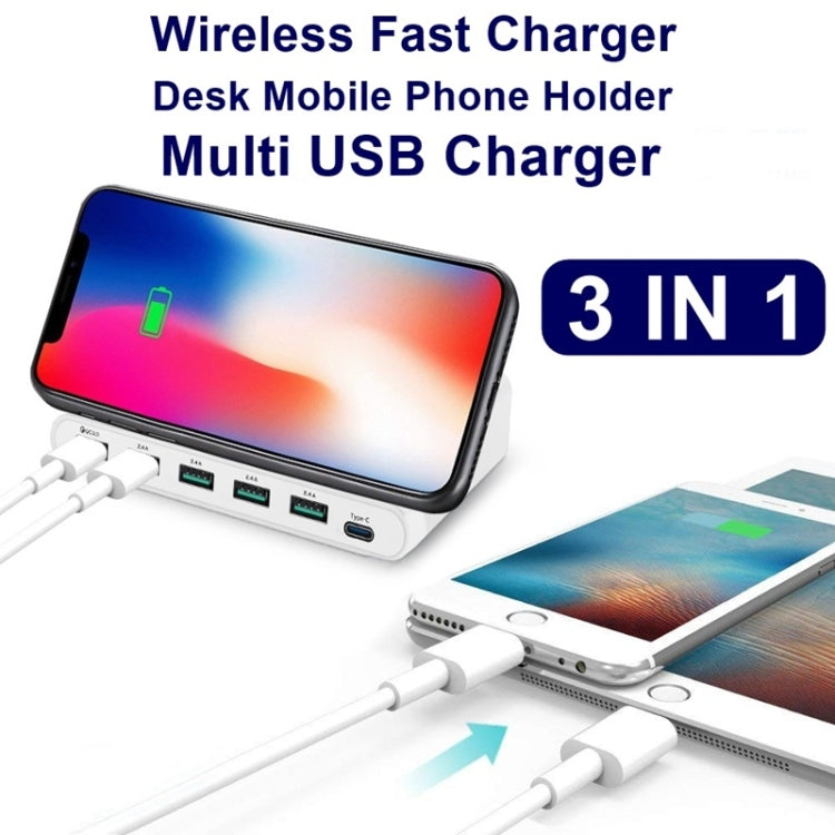 828W 7 in 1 60W QC 3.0 USB Interface + 4 USB Ports + USB-C / Type-C Interface + Wireless Charging Multi-function Charger with Mobile Phone Holder Function, AU Plug(White) - Multifunction Charger by PMC Jewellery | Online Shopping South Africa | PMC Jewellery | Buy Now Pay Later Mobicred