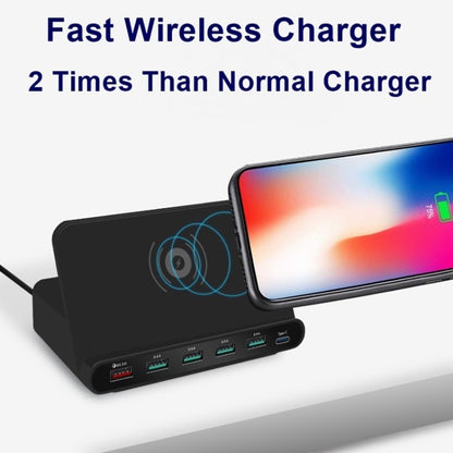 828W 7 in 1 60W QC 3.0 USB Interface + 4 USB Ports + USB-C / Type-C Interface + Wireless Charging Multi-function Charger with Mobile Phone Holder Function, US Plug(Black) - Multifunction Charger by PMC Jewellery | Online Shopping South Africa | PMC Jewellery | Buy Now Pay Later Mobicred