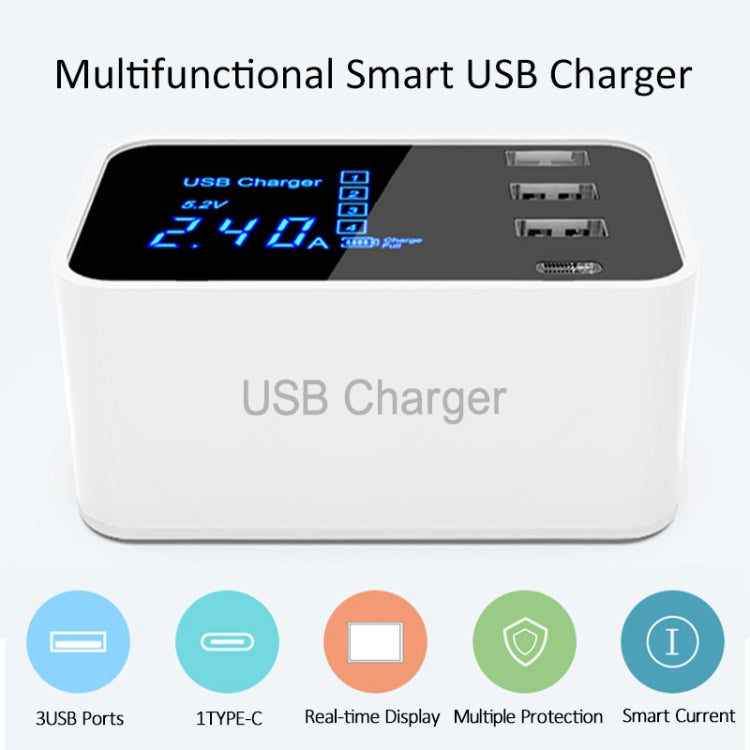 CDA30 20W 3 USB Ports + USB-C / Type-C Ports Multi-function Charger with LED Display, EU Plug - Multifunction Charger by PMC Jewellery | Online Shopping South Africa | PMC Jewellery | Buy Now Pay Later Mobicred