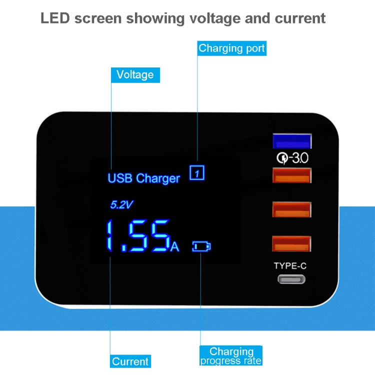 CDA33Q 40W QC 3.0 USB + 3 USB Ports + USB-C / Type-C Ports Multi-function Charger with LED Display, EU Plug - Multifunction Charger by PMC Jewellery | Online Shopping South Africa | PMC Jewellery | Buy Now Pay Later Mobicred