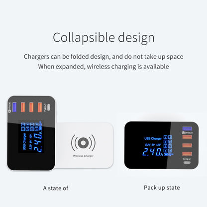 CDA33QW 40W QC 3.0 USB Ports + 3 USB Ports + USB-C / Type-C Ports + Wireless Charging Multi-function Foldable Charger with LED Display, EU Plug - Multifunction Charger by PMC Jewellery | Online Shopping South Africa | PMC Jewellery | Buy Now Pay Later Mobicred