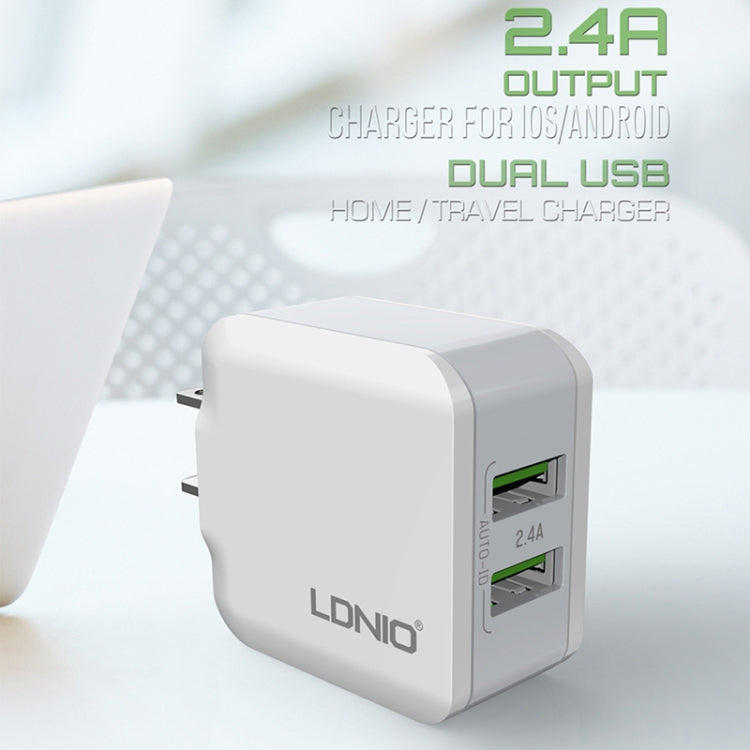 LDNIO A2201 2.4A Dual USB Charging Head Travel Direct Charge Mobile Phone Adapter Charger With 8 Pin Data Cable (US Plug) - USB Charger by LDNIO | Online Shopping South Africa | PMC Jewellery | Buy Now Pay Later Mobicred