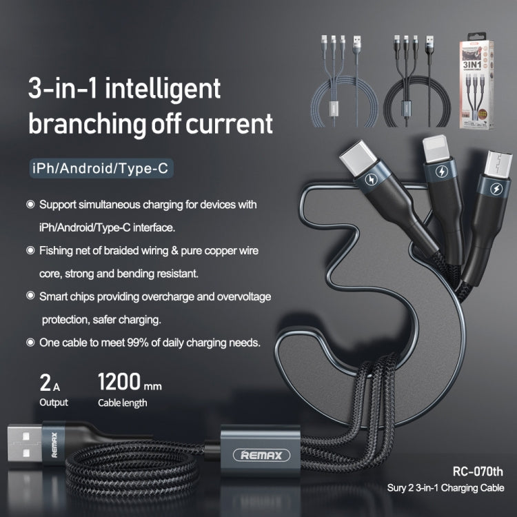 REMAX RC-070TH 1.2m 2A 3 in 1 USB to 8 Pin & USB-C / Type-C & Micro USB Charging Cable(Black) - Multifunction Cable by REMAX | Online Shopping South Africa | PMC Jewellery | Buy Now Pay Later Mobicred