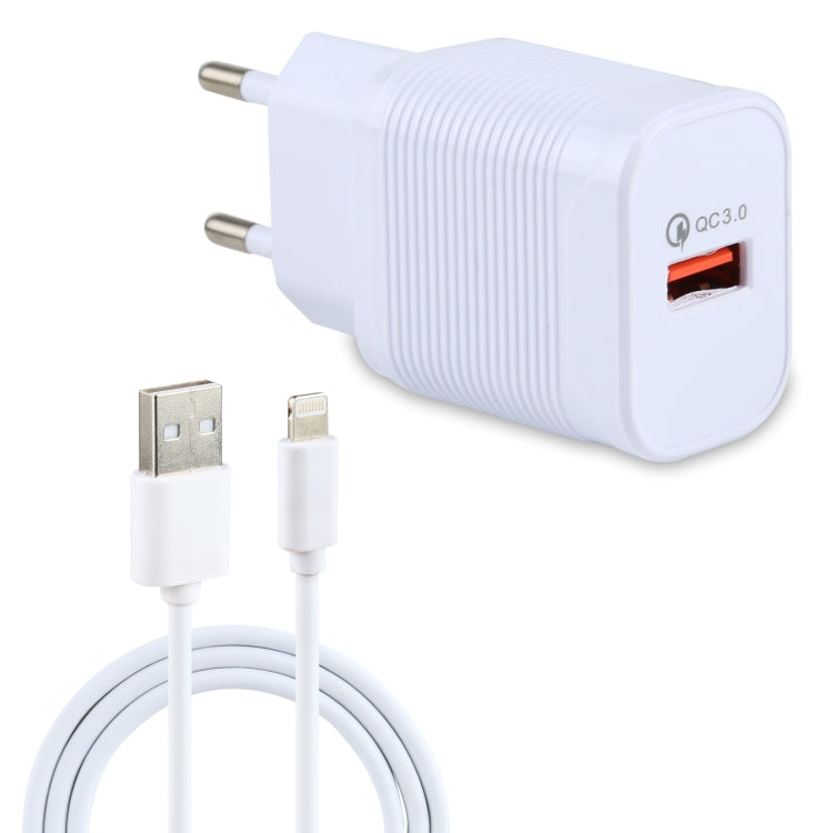 LZ-728 2 in 1 18W QC 3.0 USB Interface Travel Charger + USB to 8 Pin Data Cable Set, EU Plug, Cable Length: 1m(White) - USB Charger by PMC Jewellery | Online Shopping South Africa | PMC Jewellery | Buy Now Pay Later Mobicred