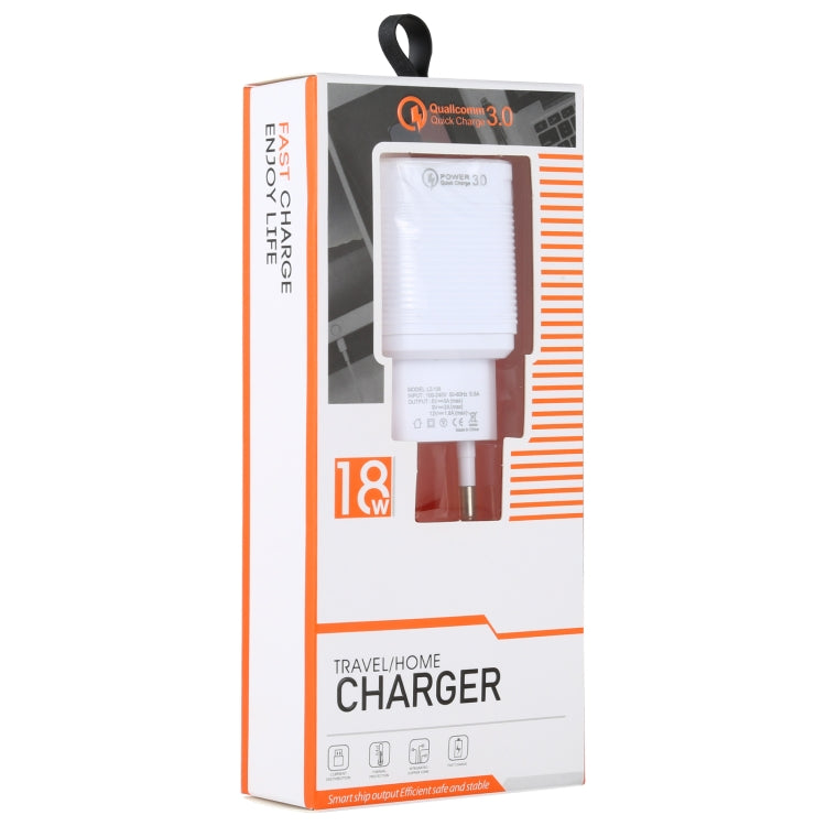 LZ-728 2 in 1 18W QC 3.0 USB Interface Travel Charger + USB to 8 Pin Data Cable Set, EU Plug, Cable Length: 1m(White) - USB Charger by PMC Jewellery | Online Shopping South Africa | PMC Jewellery | Buy Now Pay Later Mobicred