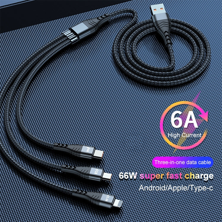 ADC-138 66W 3 in 1 USB to 8 Pin + Micro USB + USB-C / Type-C Fast Charging Braided Data Cable, Cable Length: 1.2m(Black) - free shipping - PMC Jewellery - Order now!