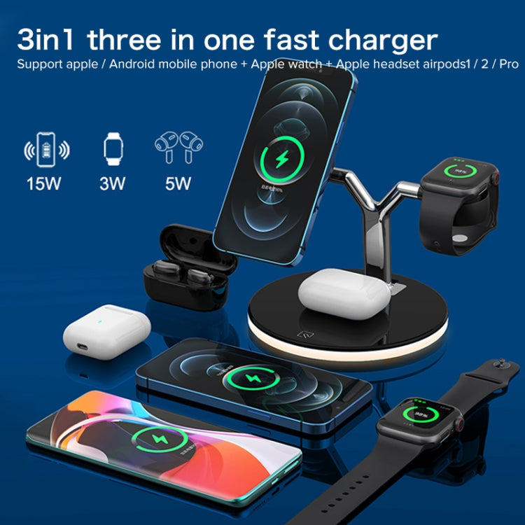 3 in 1 15W Multi-function Magnetic Wireless Charger for Mobile Phones & Apple Watches & AirPods, with Colorful LED Light(White) - Wireless Charger by PMC TechLife | Online Shopping South Africa | PMC TechLife