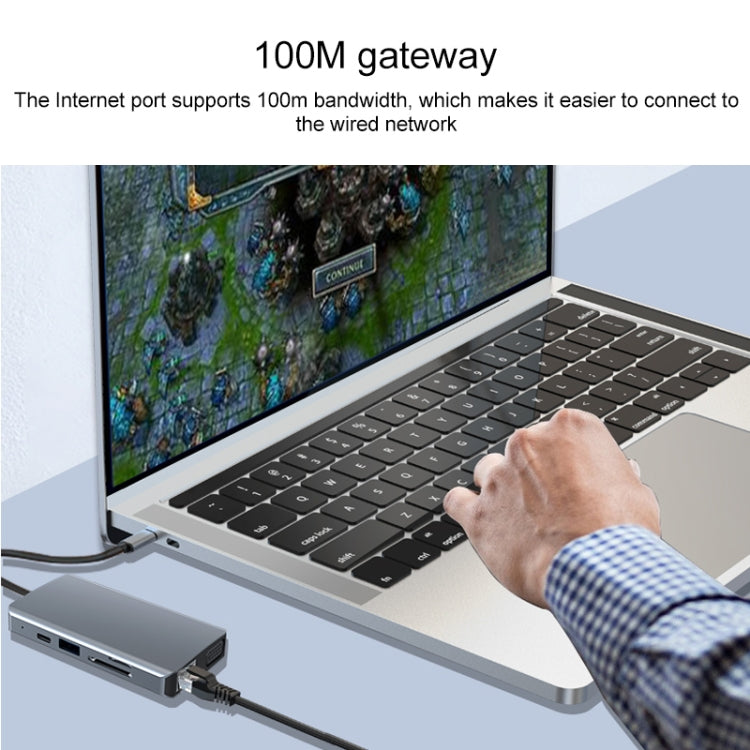 9 in 1 RJ45 + 100W PD + SD/TF + USBx2 + HDMI + VGA + 3.5mm AUX to Type-C HUB Adapter - USB HUB by PMC Jewellery | Online Shopping South Africa | PMC Jewellery | Buy Now Pay Later Mobicred