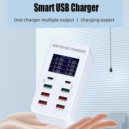 A8T 60W 8 Ports USB + QC3.0 + PD Type-C Smart Charging Station with Digital Display AC100-240V, UK Plug - Multifunction Charger by PMC Jewellery | Online Shopping South Africa | PMC Jewellery | Buy Now Pay Later Mobicred