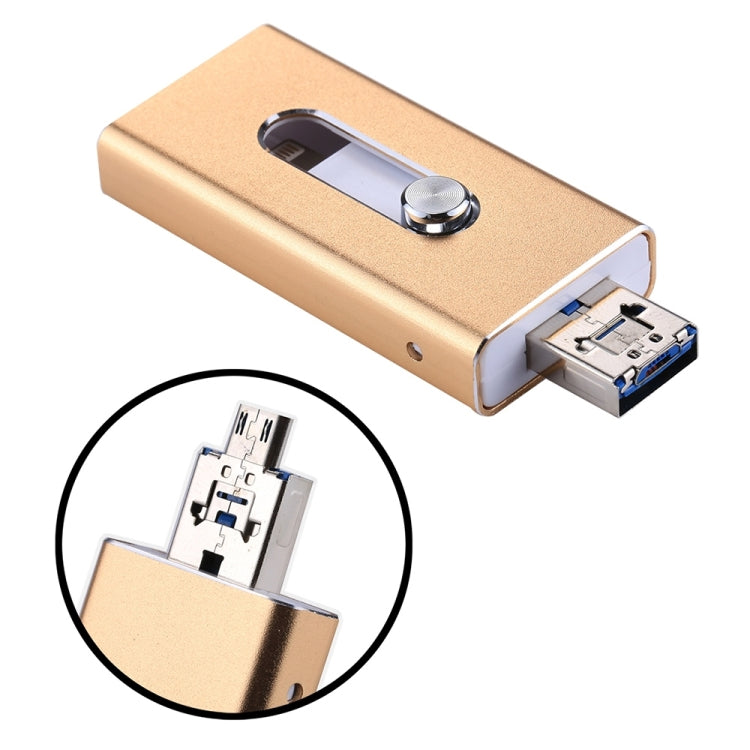 RQW-02 3 in 1 USB 2.0 & 8 Pin & Micro USB 128GB Flash Drive(Gold) - U Disk & Card Reader by PMC Jewellery | Online Shopping South Africa | PMC Jewellery | Buy Now Pay Later Mobicred