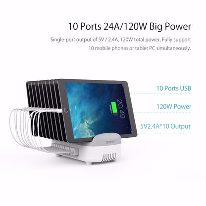 ORICO DUK-10P 120W 10 USB Ports Smart Charging Station with Phone & Tablet Stand, US Plug(White) - Multifunction Charger by ORICO | Online Shopping South Africa | PMC Jewellery | Buy Now Pay Later Mobicred