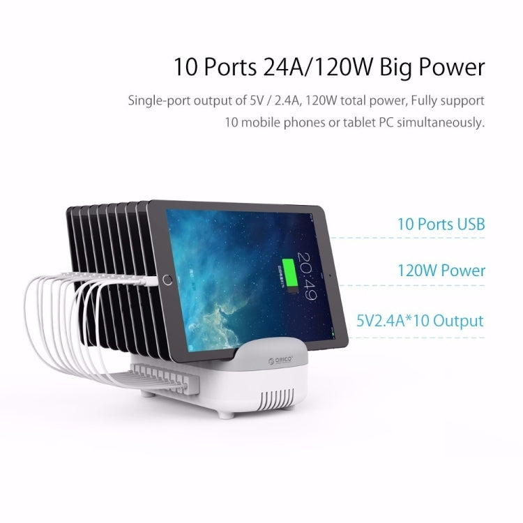 ORICO DUK-10P 120W 10 USB Ports Smart Charging Station with Phone & Tablet Stand, UK Plug(White) - Multifunction Charger by ORICO | Online Shopping South Africa | PMC Jewellery | Buy Now Pay Later Mobicred